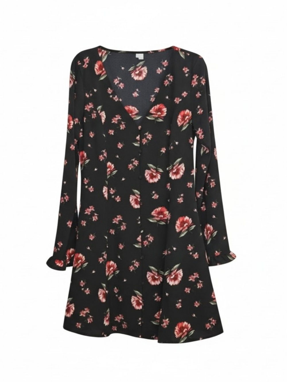H&M Divided Floral Black Red Print Long Sleeve Button Up V Neck Dress 8